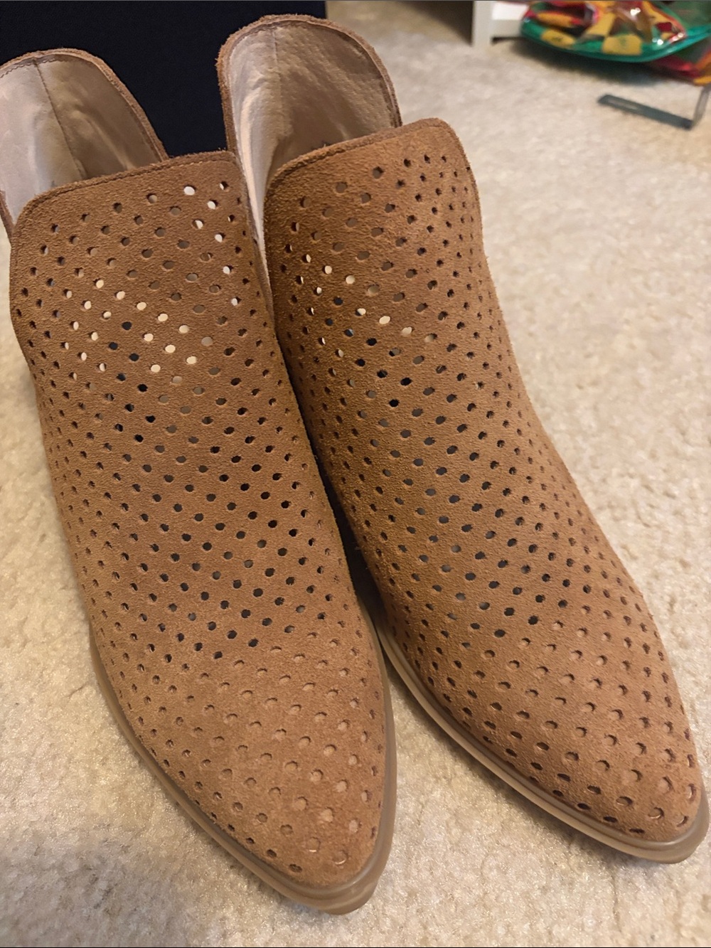 Women’s Perforated Tan Suede Ankle Booties - Picture 2 of 4
